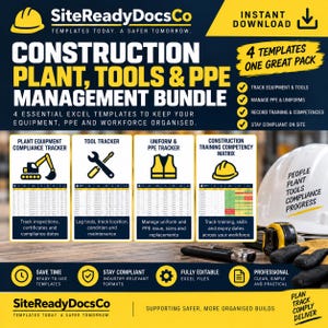 Könnte beinhalten: Ein digitales Paket mit vier Excel-Vorlagen für das Baumanagement von SiteReadyDocsCo. Enthält Tracker für Baumaschinen, Werkzeuge, PSA und Schulungskompetenzen. Gelber und weißer Text auf dunkelblauem Hintergrund mit Symbolen.