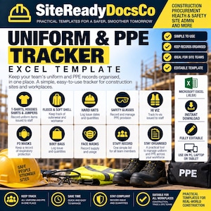 Può includere: Un modello Excel digitale per il monitoraggio di uniformi e DPI, caratterizzato da colori giallo e nero. La grafica mostra icone per caschi, occhiali di sicurezza, gilet ad alta visibilità, maschere e stivali, con testo sulle funzioni di gestione.