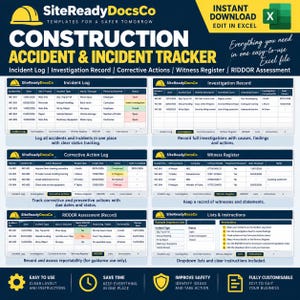 May include: A digital construction accident and incident tracker Excel template by SiteReadyDocsCo. The image displays six spreadsheet tabs including an incident log, investigation record, corrective action log, witness register, RIDDOR assessment, and instructions.