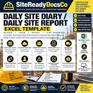 Puede incluir: Una plantilla de Excel para diario de obra y reporte diario de obra de SiteReadyDocsCo. La imagen muestra un casco de seguridad amarillo, una cinta métrica y una cuadrícula de iconos para registrar detalles del sitio, clima y seguridad.