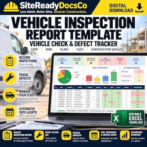 May include: A digital vehicle inspection report template for Excel, featuring a dashboard with charts, inspection results, and a defect tracker. The layout includes yellow circular icons with black symbols for checklists, wrenches, vehicles, and calendars.