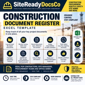 May include: A digital construction document register Excel template by SiteReadyDocsCo. The graphic features a yellow and dark blue color scheme with icons for tracking project documents, monitoring review dates, and assigning team responsibilities.