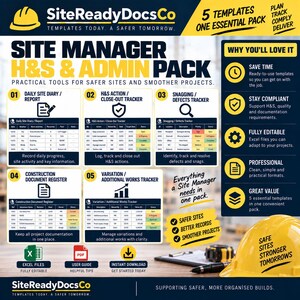 Könnte beinhalten: Ein digitales Dokumentenpaket mit dem Titel Site Manager H&S & Admin Pack, das fünf Vorlagen enthält: Bautagebuch, H&S-Aktionsverfolgung, Mängelverfolgung, Baudokumentenregister und Änderungsverfolgung, mit einem gelben Schutzhelm im Vordergrund.
