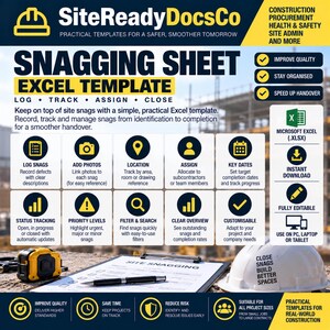 Op de afbeelding: Een digitale productadvertentie voor een SiteReadyDocsCo Snagging Sheet Excel-sjabloon. De afbeelding heeft een bouwthema met iconen voor het loggen van gebreken, locatie bijhouden, taken toewijzen en statusbeheer, inclusief een meetlint en een veiligheidshelm.