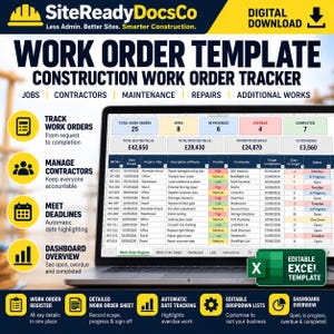 May include: A digital work order template for construction management displayed on a laptop screen. The spreadsheet includes columns for job details, contractor information, and status tracking, with summary boxes for total work orders and financial values.