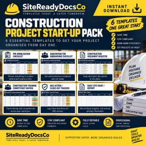 Könnte beinhalten: Ein digitales Start-up-Paket für Bauprojekte von SiteReadyDocsCo mit sechs wesentlichen Vorlagen, darunter Checklisten, ein Dokumentenregister, eine Kompetenzmatrix, ein Maßnahmen-Tracker und ein tägliches Baustellentagebuch.