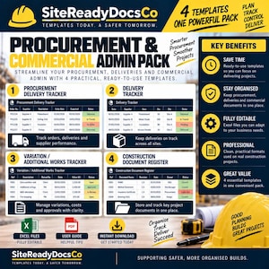 May include: A digital information sheet for a Procurement and Commercial Admin Pack by SiteReadyDocsCo. It features four templates: Procurement Delivery Tracker, Delivery Tracker, Variation/Additional Works Tracker, and Construction Document Register.