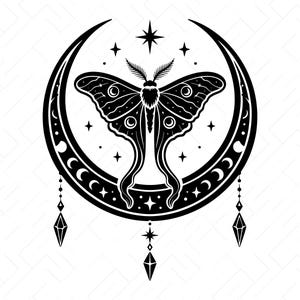 May include: A black and white graphic illustration featuring a central moth positioned within a crescent moon. The design includes star accents, moon phases along the crescent, and three hanging geometric crystal-like pendants. Text reads SVG PNG DXF JPG PDF EPS AI.
