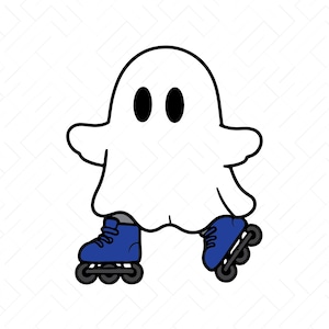 May include: A white ghost character with black oval eyes wearing blue inline skates with black wheels. The graphic is presented against a white background with the text SVG, PNG, DXF, JPG, PDF, EPS, AI listed at the bottom of the image.