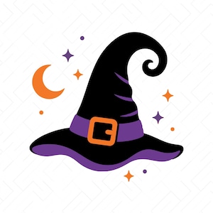 以下が含まれることがあります： 紫色のバンドとオレンジ色のバックルが付いた黒い魔女の帽子で、先端が曲がったデザインです。オレンジ色の三日月、小さなオレンジ色の星、小さな紫色の星が周囲に配置されており、背景は無地の白です。
