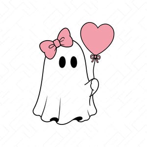 May include: A white ghost illustration with black oval eyes, wearing a large pink bow on its head and holding a pink heart-shaped balloon with a small bow at the base. The graphic includes the text SVG, PNG, DXF, JPG, PDF, EPS, AI at the bottom.