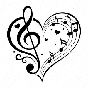 Pode incluir: Um design gráfico preto com uma clave de sol formando o lado esquerdo de um coração, com pautas e notas musicais preenchendo o lado direito. Pequenos corações e pontos estão espalhados. O texto na parte inferior diz SVG PNG DXF JPG PDF EPS AI.