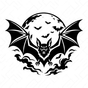 Puede incluir: Una ilustración gráfica en blanco y negro que presenta un murciélago central con las alas extendidas frente a una gran luna llena. Murciélagos más pequeños vuelan al fondo y nubes negras estilizadas se encuentran en la parte inferior.