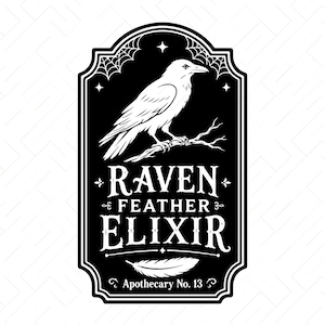 May include: A black and white rectangular label design featuring a raven perched on a branch, spiderwebs in the corners, and the text RAVEN FEATHER ELIXIR with Apothecary No. 13 below a single feather graphic, all enclosed in a decorative border.