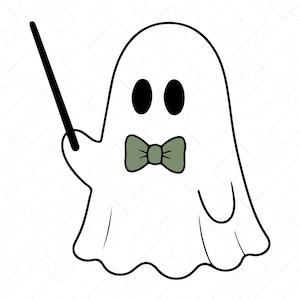 May include: A white ghost illustration with black outlines, two oval black eyes, and a sage green bow tie. The ghost is holding a thin black wand in its right hand. The text SVG, PNG, DXF, JPG, PDF, EPS, AI is printed at the bottom of the image.