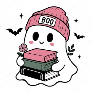 May include: A white ghost illustration wearing a pink beanie with the text BOO, holding a stack of three books in pink, green, and black. The ghost has pink cheeks and is surrounded by two black bats, a small pink flower, and four-pointed stars.