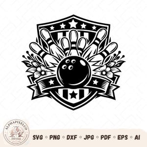 Pode incluir: Uma ilustração gráfica a preto e branco com uma bola de bowling à frente de cinco pinos, dispostos dentro de um emblema de escudo decorado com estrelas, riscas e motivos florais, com o texto ALPHAPIXELCO na parte inferior.
