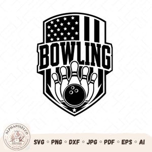 May include: A black and white graphic design featuring a shield shape with a stylised American flag pattern at the top. The word BOWLING is printed in bold capital letters above a central illustration of a bowling ball and five bowling pins.