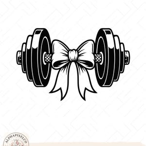 May include: A black and white graphic illustration of a dumbbell with a large decorative bow tied around the centre handle. The design features high-contrast lines and solid black fill, showcasing the weight plates and the textured grip area.