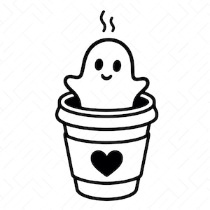 Può includere: Un'illustrazione grafica in bianco e nero di un piccolo fantasma con un volto sorridente che emerge da una tazza di caffè. La tazza presenta un'icona a forma di cuore nero sul davanti e vapore che sale. Il testo SVG, PNG, DXF, JPG, PDF, EPS, AI appare sotto.