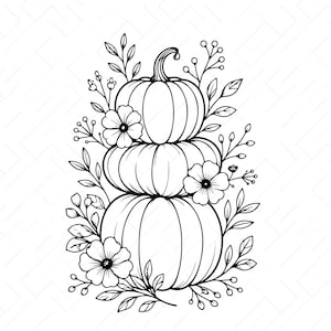 May include: A black and white line art illustration featuring a vertical stack of three pumpkins surrounded by floral elements, leaves, and sprigs. The text SVG, PNG, DXF, JPG, PDF, EPS, AI is displayed at the bottom of the graphic design.