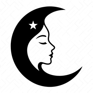 May include: A black and white graphic illustration of a crescent moon featuring the profile of a face with closed eyes and a single five-pointed star. Below the graphic, the text reads SVG, PNG, DXF, JPG, PDF, EPS, AI.