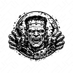 Puede incluir: Una ilustración gráfica en blanco y negro del monstruo de Frankenstein emergiendo de un marco circular. La criatura presenta una cabeza plana con grapas, pernos en el cuello y dientes descubiertos, con manos con garras hacia adelante.