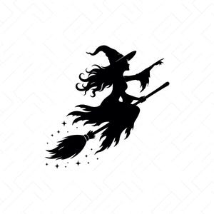 Peut inclure: Une silhouette noire représentant une sorcière portant un chapeau pointu et une robe fluide, chevauchant un balai tout en pointant vers l'avant. Le motif inclut de petites étoiles derrière les poils du balai et le texte SVG, PNG, DXF, JPG, PDF, EPS, AI.