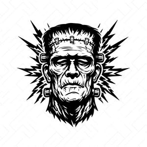 Puede incluir: Una ilustración gráfica en blanco y negro del monstruo de Frankenstein con cabeza plana y cicatrices, pernos en el cuello y una expresión facial severa, rodeada de formas de rayos afilados y dentados que irradian desde detrás de la cabeza.