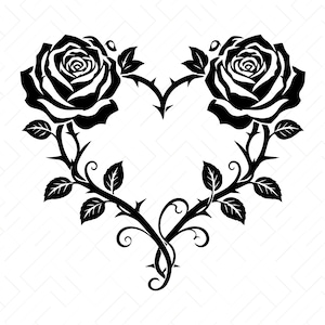 Pode incluir: Uma ilustração gráfica preta de duas rosas com caules espinhosos dispostos em forma de coração. O design apresenta pétalas e folhas detalhadas em ambos os lados, encontrando-se na parte inferior. Abaixo do gráfico, o texto diz SVG PNG DXF JPG PDF EPS AI.