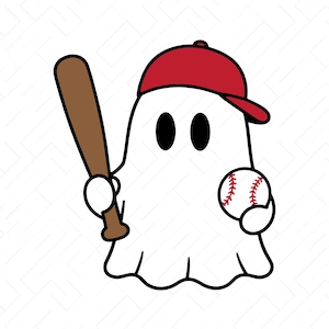 Könnte beinhalten: Eine weiße Geisterfigur mit einer roten Baseballkappe, die einen braunen hölzernen Baseballschläger in der einen und einen weißen Baseball mit roten Nähten in der anderen Hand hält. Das Design hat kräftige schwarze Umrisslinien.