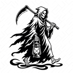 May include: A black and white graphic illustration of a grim reaper figure wearing a hooded robe, carrying a scythe over one shoulder and holding a lit lantern in the other hand. The figure is walking above a swirling black smoke or mist base.