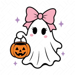 May include: A white ghost illustration featuring a large pink bow on its head, black eyes with eyelashes, and pink cheeks. The ghost holds an orange jack-o'-lantern candy bucket. Four purple four-pointed stars surround the figure. Text reads SVG PNG DXF JPG PDF EPS AI.
