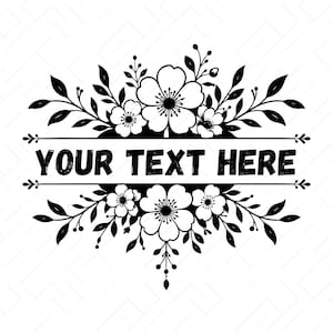 Puede incluir: Un diseño gráfico digital en blanco y negro que presenta un marco rectangular horizontal central con el texto YOUR TEXT HERE, rodeado de arreglos florales simétricos de flores y hojas en los bordes superior e inferior.