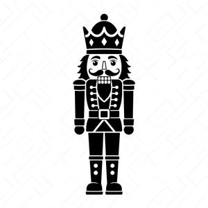 May include: A black and white graphic illustration of a nutcracker wearing a crown, featuring a mustache, a uniform with buttons, and tall boots. The text at the bottom reads SVG, PNG, DXF, JPG, PDF, EPS, AI.