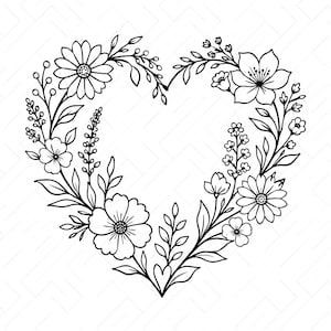 Op de afbeelding: Een zwart-witte lijntekening van een hartvormige bloemenkrans bestaande uit diverse bloemen, bladeren en stengels. Onder het hart staat de tekst SVG, PNG, DXF, JPG, PDF, EPS, AI, wat de beschikbare bestandsformaten aangeeft.
