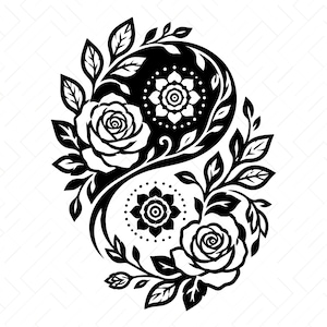 Puede incluir: Un diseño gráfico en blanco y negro que presenta un símbolo de yin y yang compuesto por rosas, hojas y patrones florales estilo mandala. El texto inferior dice SVG, PNG, DXF, JPG, PDF, EPS, AI, indicando los formatos de archivo.