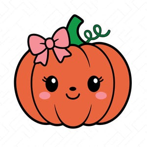 May include: A digital illustration of a bright orange pumpkin with a green stem and a curly vine. The pumpkin features a smiling face with black eyes, pink cheeks, and a pink bow attached to the top left side, with text reading SVG PNG DXF JPG PDF EPS AI.