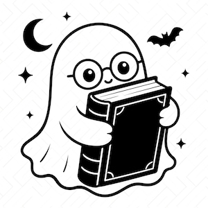 May include: A black and white graphic illustration of a ghost wearing round glasses and holding a thick book. The scene includes a crescent moon, a flying bat, and several four-pointed stars. The text at the bottom reads SVG, PNG, DXF, JPG, PDF, EPS, AI.