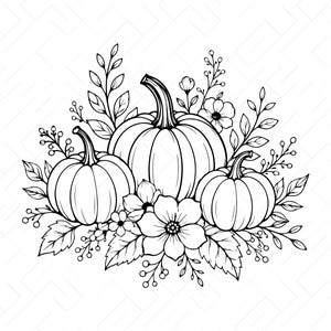 May include: A black and white line art illustration featuring three pumpkins arranged with various flowers, leaves, and sprigs. At the bottom, the text reads SVG, PNG, DXF, JPG, PDF, EPS, AI. The design is presented on a plain white background.