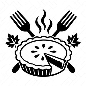 Puede incluir: Una ilustración gráfica en blanco y negro de un pastel con una porción retirada, colocado frente a dos tenedores cruzados y flanqueado por dos hojas de arce. Vapor sale del pastel. El texto SVG, PNG, DXF, JPG, PDF, EPS, AI aparece debajo.