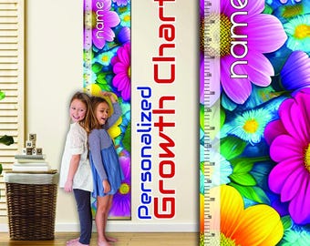 Personalized Floral Growth Chart – Colorful Flower Height Chart for Kids, Custom Name Wall Decor, Girls' Room Nursery Ruler