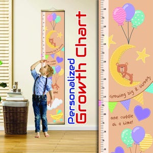 Gepersonaliseerde groeigrafiek teddybeer - schattige ballon en maan babyhoogtegrafiek - muurdecoratie kinderkamer voor jongens en meisjes - aandenken kinderkamer