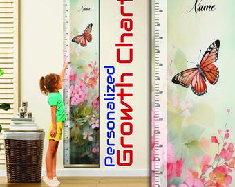 Personalized Floral Butterfly Growth Chart – Kids Height Ruler, Watercolor Wall Decor, Girls Room Nursery, Growth Tracker Gift