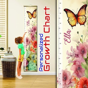 Gepersonaliseerde groeigrafiek vlinder - aangepaste hoogteliniaal voor kinderen, decor bloemenkwekerij, verjaardagscadeau, vlinderkwekerij, bloemencadeau meisjes