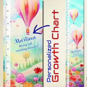 Gepersonaliseerde groeigrafiek heteluchtballon voor kinderen – hoogteliniaal wanddecoratie, kinderkamer, peuterkamer, aangepaste naam babyshower, verjaardagscadeau