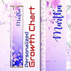 Gepersonaliseerde groeigrafiek kersenbloesem - aangepaste naam kinderhoogteliniaal, bloemen decor kinderkamer, cadeau, kraamcadeau, verjaardagscadeau