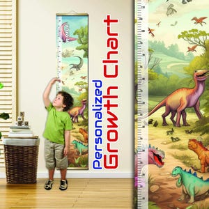 Courbe de croissance de dinosaure personnalisée pour enfants - Règle de hauteur préhistorique, décoration de chambre de dinosaure, courbe de croissance de nom personnalisé, cadeau d'anniversaire pour garçon