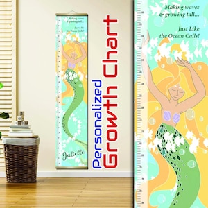 Tabla de crecimiento de sirena personalizada – Regla de altura con temática oceánica para niños – Decoración de guardería con nombre personalizado – Arte mural submarino para niñas