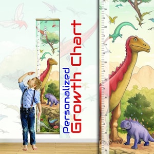 Tableau de croissance personnalisé des dinosaures - Règle de hauteur pour enfants, décoration de chambre de bébé dinosaure, cadeau d'anniversaire, art mural dinosaure, règle de hauteur pour enfants, décoration de dinosaure
